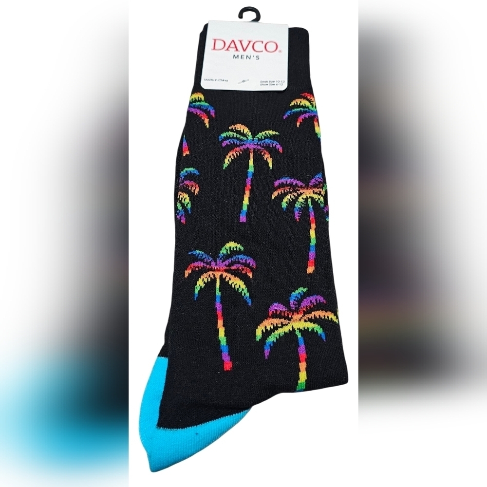Davco Men's Black Socks with Rainbow Palm Trees, New!